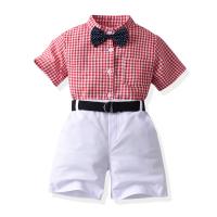 Katoen Boy Summer Kleding Set Stropdas & Broek & Boven Afgedrukt Plaid rood en wit Instellen