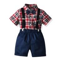 Coton Ensemble de vêtements d’été de garçon Cravate & suspendre le pantalon & Retour au début Imprimé Plaid rouge et bleu Ensemble