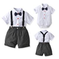 Baumwolle Junge Sommer Kleidung Set, Krawatte & Hose aussetzen & Teddy, Gedruckt, Plaid, weiß und schwarz,  Festgelegt