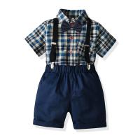 Baumwolle Junge Sommer Kleidung Set, Krawatte & Hose aussetzen & Nach oben, Gedruckt, Plaid, Blau,  Festgelegt