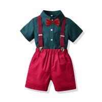 Katoen Boy Summer Kleding Set Stropdas & Band & Broek & Boven Afgedrukt Plaid Groene Instellen