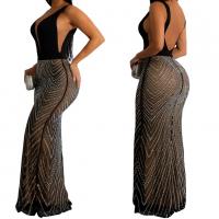 Polyester Slim Sexy Package Hip Dresses deep V & backless patchwork black PC