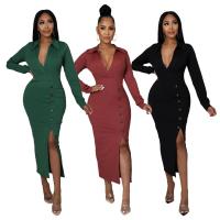 Polyester Slim Sexy Package Hip Dresses deep V & side slit Solid PC