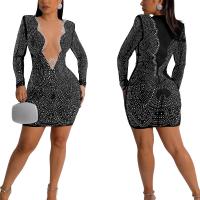 Polyester Slim Sexy Package Hip Dresses see through look & with rhinestone PC