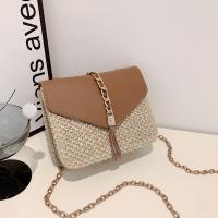 Straw & PU Leather Crossbody Bag with chain & soft surface brown PC