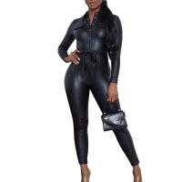 PU Leather Slim & Plus Size Long Jumpsuit Solid black PC