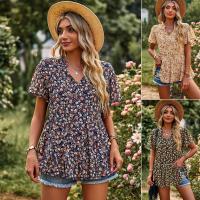 Polyester scallop & Slim Women Short Sleeve Shirt printed Plant PC