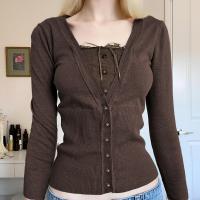 Viscose-vezel Vrouwen lange mouwen blouses Lappendeken Solide Brown stuk