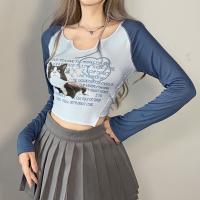 Cotton Slim Women Long Sleeve T-shirt printed blue PC