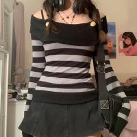 Polyester Slim Boat Neck Top patchwork striped black PC