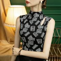 Polyester Slim Women Sleeveless Blouses printed black PC