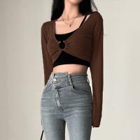 Cotton Women Long Sleeve Blouses & two piece knitted Solid brown Set