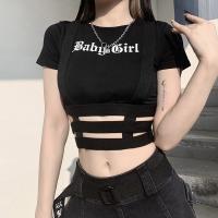 Algodón Mujeres Camisetas de manga corta, impreso, carta, negro,  trozo