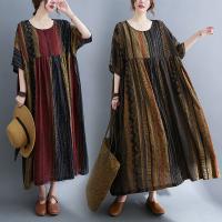 Polyester & Cotton long style One-piece Dress large hem design & loose printed striped : PC