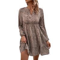 Polyester A-line One-piece Dress deep V printed leopard khaki PC