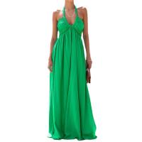 Polyester High Waist Halter Dress deep V Solid PC