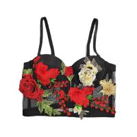 Spandex & Polyester Slim Tank Top see through look & flexible embroidered floral black PC