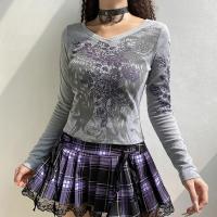 Polyester Women Long Sleeve T-shirt slimming printed gray PC