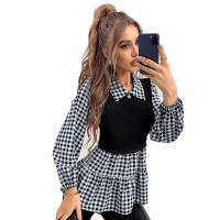 Polyester Vrouwen lange mouwen blouses Lappendeken Plaid twee verschillende gekleurde stuk