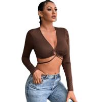 Polyester Vrouwen lange mouw T-shirt Lappendeken Solide Brown stuk