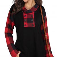 Polyester Women Long Sleeve T-shirt & loose printed plaid PC