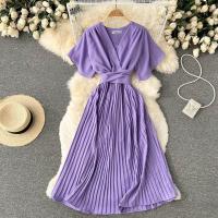 Chiffon Waist-controlled One-piece Dress deep V patchwork Solid : PC