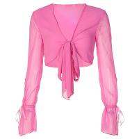 Polyester Frauen Langarm Blusen, Patchwork, Solide, Fuchsia,  Stück