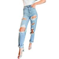 Algodón Denim Mujer Jeans, raído, Sólido, azul,  trozo