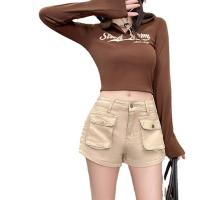 Cotton Denim High Waist Shorts & with belt plain dyed Solid PC