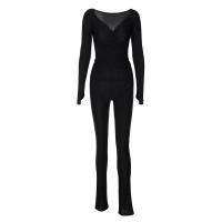 Polyester Ensemble occasionnel de femmes Pantalon & Retour au début Patchwork Solide Noir Ensemble