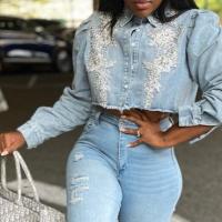 Denim Manteau femmes Broder Floral bleu clair pièce