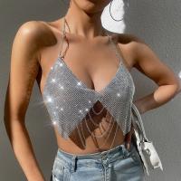 Metal Sleeveless Nightclub Top deep V & backless & with rhinestone iron-on Solid silver PC