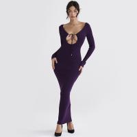 Milk Fiber Slim Autumn and Winter Dress & hollow patchwork Solid purple PC