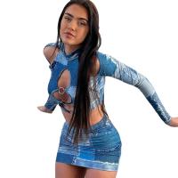 Polyester Sexy Paket Hip Kleider, Gedruckt, Solide, Blau,  Stück