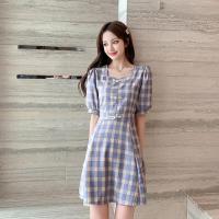 Polyester Waist-controlled & High Waist One-piece Dress printed plaid blue PC