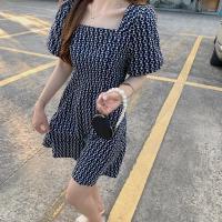 Chiffon Waist-controlled & Slim & High Waist One-piece Dress printed blue PC