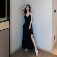 Polyester Waist-controlled & Slim & High Waist Slip Dress slimming & side slit  patchwork black PC