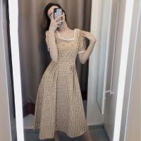 Polyester Slim & High Waist One-piece Dress patchwork plaid yellow PC