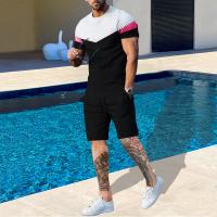 Polyester & Cotton Men Casual Set & two piece short pants & short sleeve T-shirts plain dyed patchwork Set