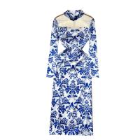 Tencel Waist-controlled Women Cheongsam & breathable patchwork floral blue PC