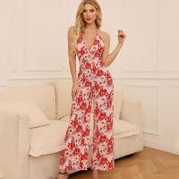 Polyester Foot-flat & Slim Long Jumpsuit deep V & backless & off shoulder printed multi-colored PC