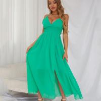 Polyester Slim & front slit Slip Dress deep V & hollow patchwork Solid green PC