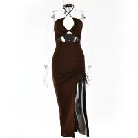 Polyester Sexy Package Hip Dresses side slit & backless & off shoulder & hollow patchwork Solid PC