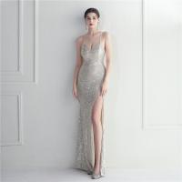 Sequin & Polyester Slim Long Evening Dress deep V & side slit embroidered Solid PC