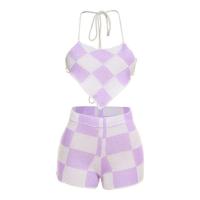 Spandex & Polyester Costume sexy de dame Court & camis Tricoté Plaid Violet Ensemble