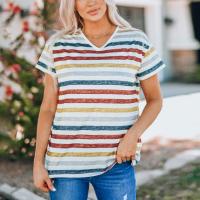 Polyester Women Short Sleeve T-Shirts slimming printed striped PC