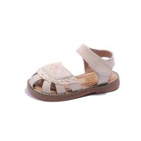 Synthetic Leather Hook and Loop Girl Sandals & hollow embroidered floral Pair