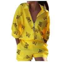 Polyester Women Casual Set & two piece short pants & long sleeve shirt printed Set