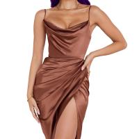 Satin & Polyester Slip Dress irregular & side slit Solid PC