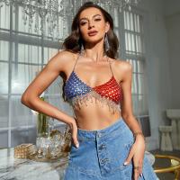 Metal & Acrylic Tassels Sleeveless Nightclub Top midriff-baring & with rhinestone patchwork red and blue : PC